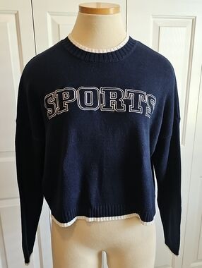 Navy 'SPORTS' Crewneck Sweater Sincerely Jules Sz Small. Excellant Condition